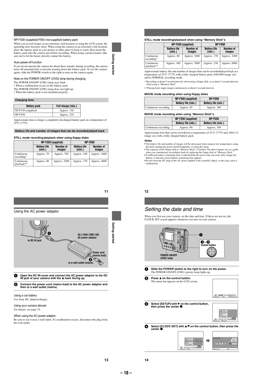 Sony MVC-FD87 service manual Setting the date and time, Using the AC power adaptor, Battery pack, NP-F330 supplied NP-F550 