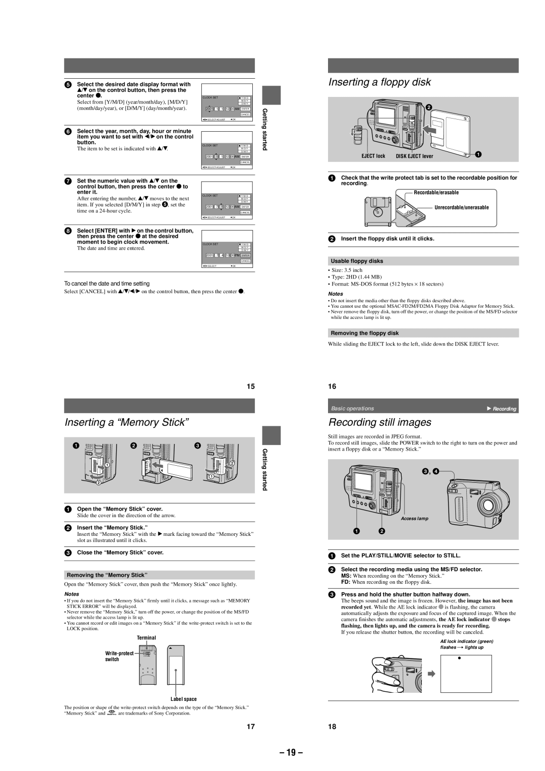 Sony MVC-FD87 service manual Inserting a Memory Stick, Inserting a floppy disk, Recording still images 