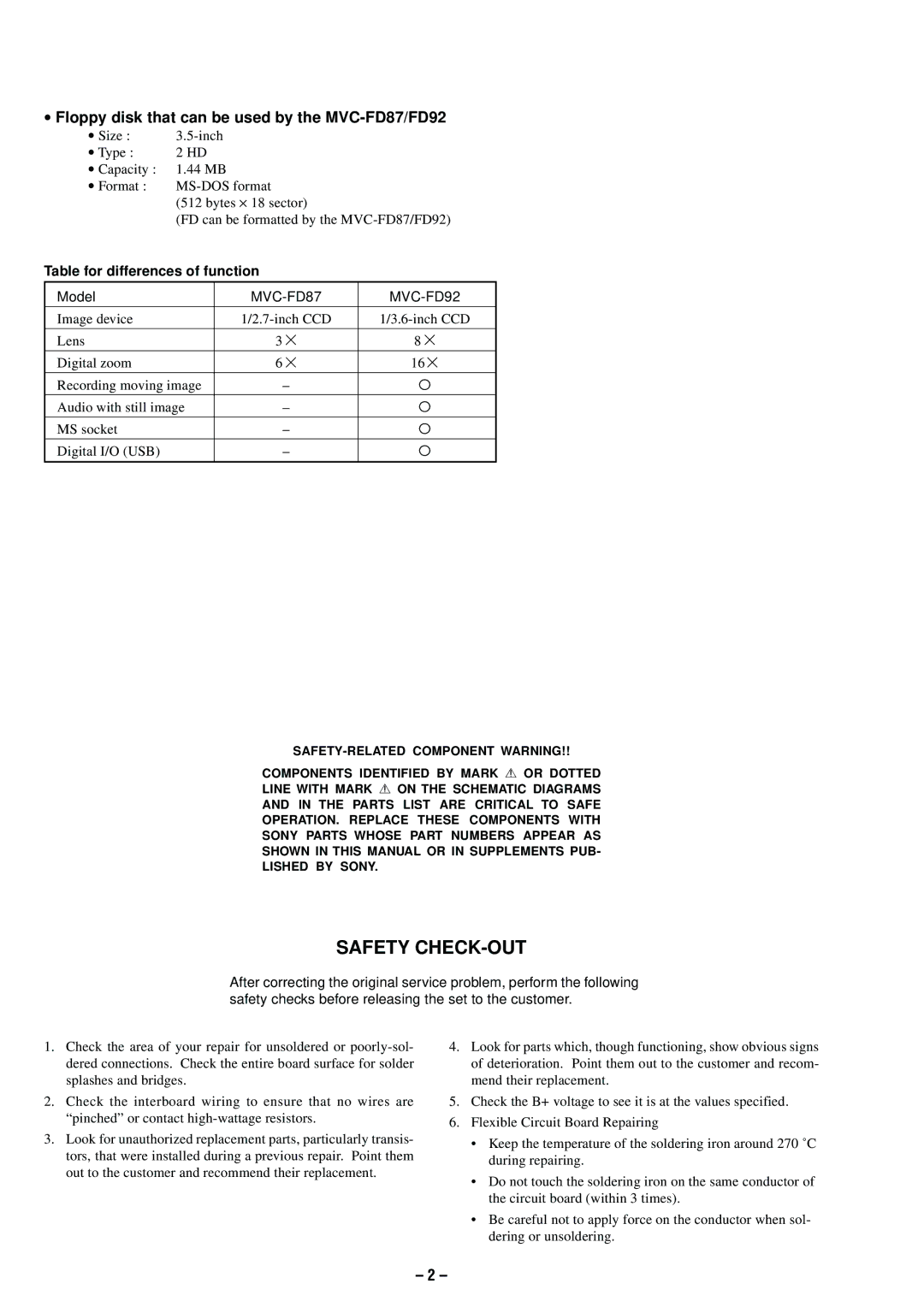 Sony service manual Floppy disk that can be used by the MVC-FD87/FD92, Table for differences of function 