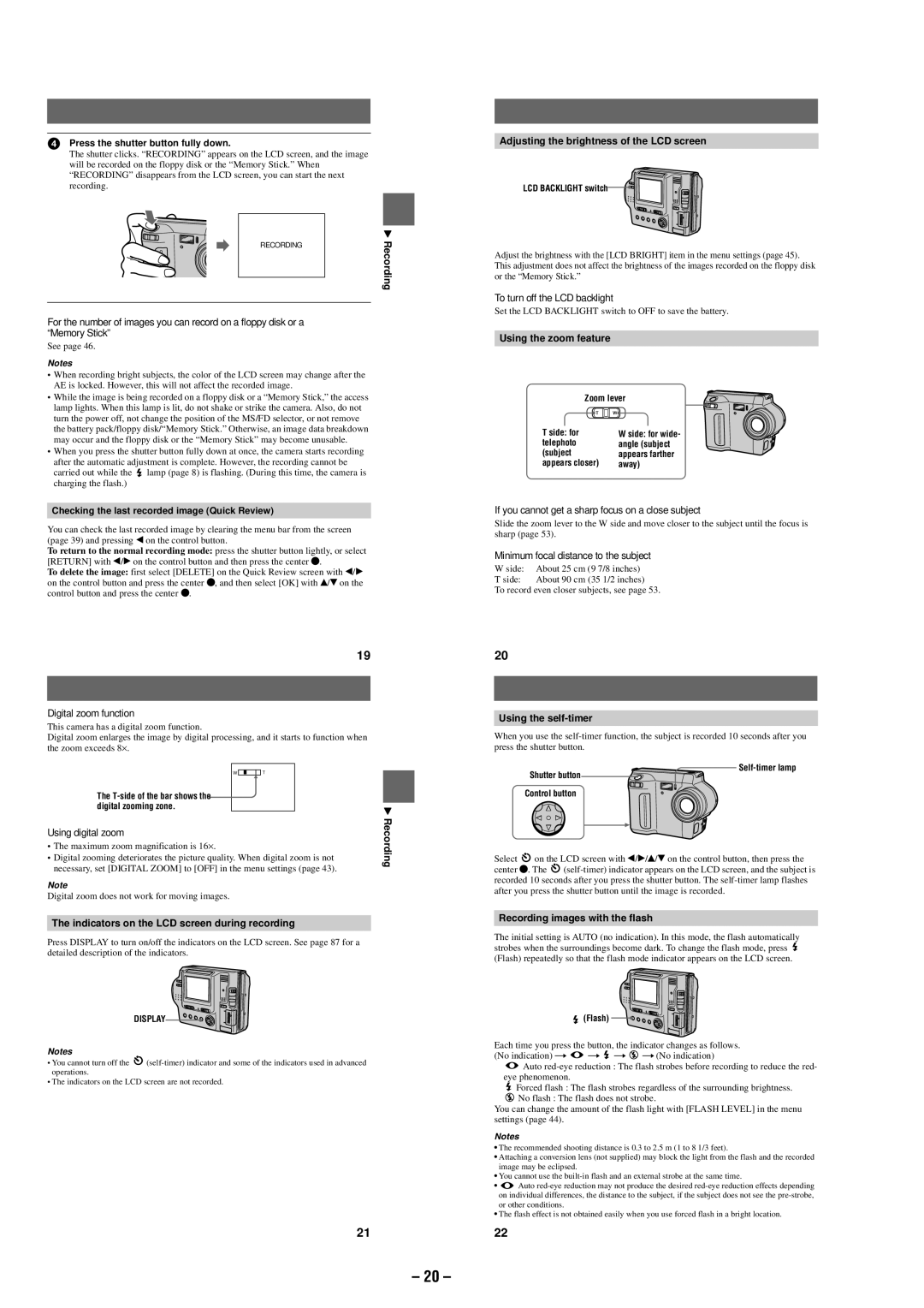 Sony MVC-FD87 service manual Indicators on the LCD screen during recording, Adjusting the brightness of the LCD screen 