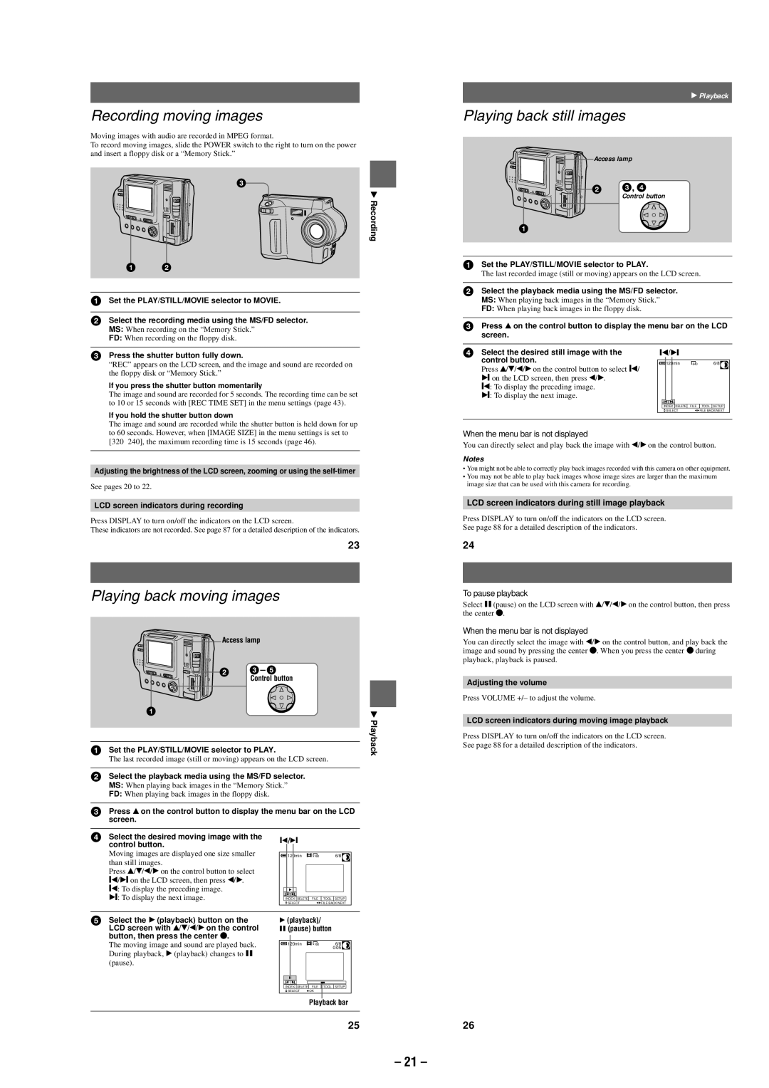 Sony MVC-FD87 service manual Recording moving images, Playing back moving images, Playing back still images 