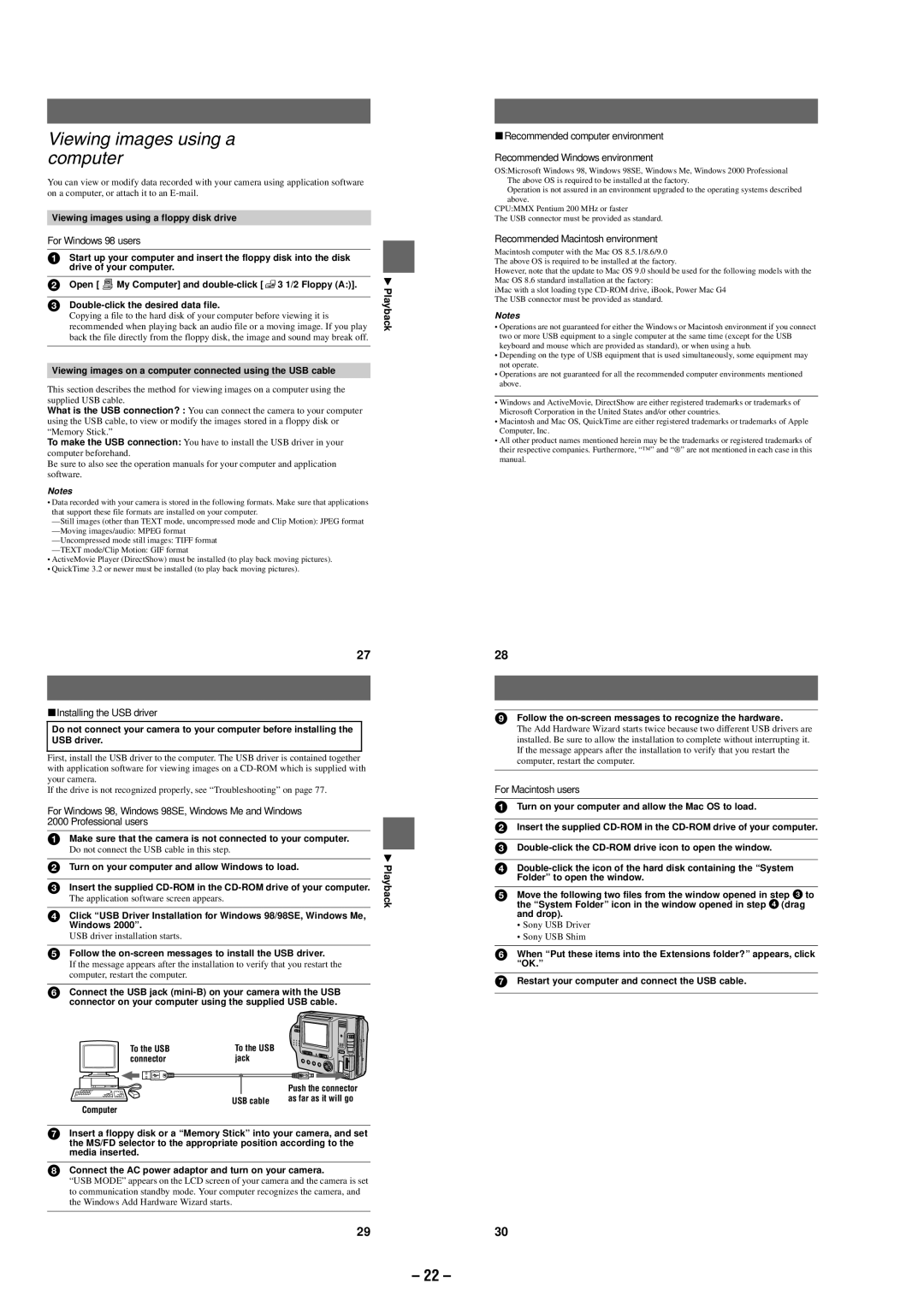 Sony MVC-FD87 service manual Viewing images using a computer, Playback 