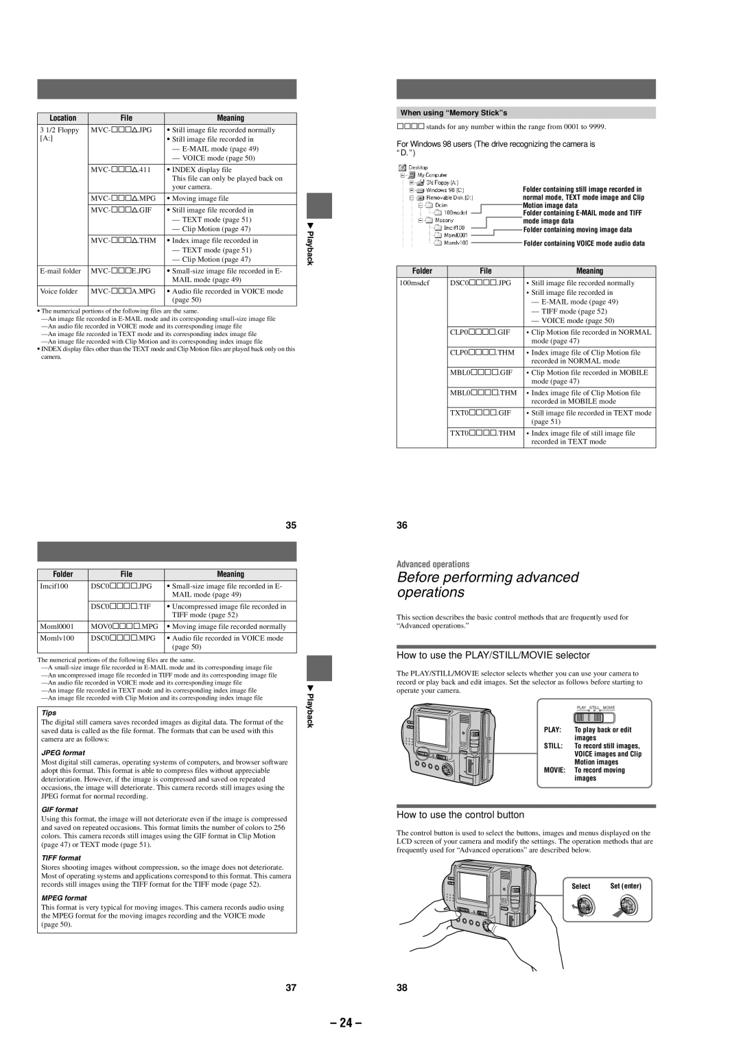 Sony MVC-FD87 Before performing advanced operations, How to use the PLAY/STILL/MOVIE selector, Location File Meaning 