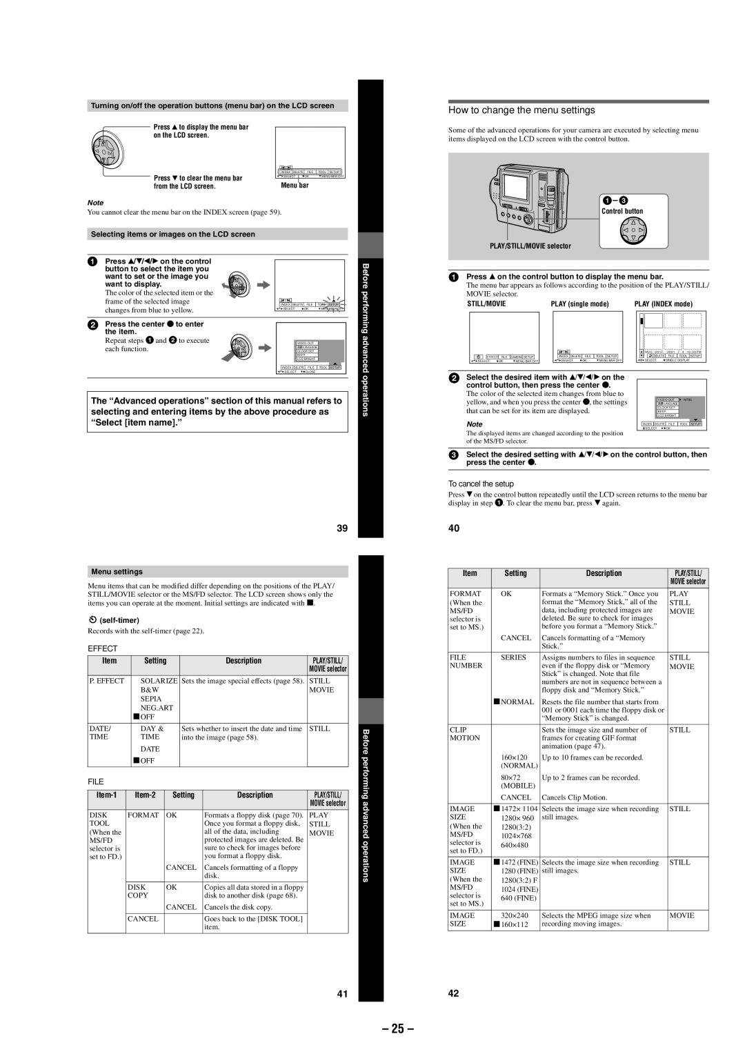 Sony MVC-FD87 service manual How to change the menu settings, Setting Description, Movie selector, Item-1, Item-2 