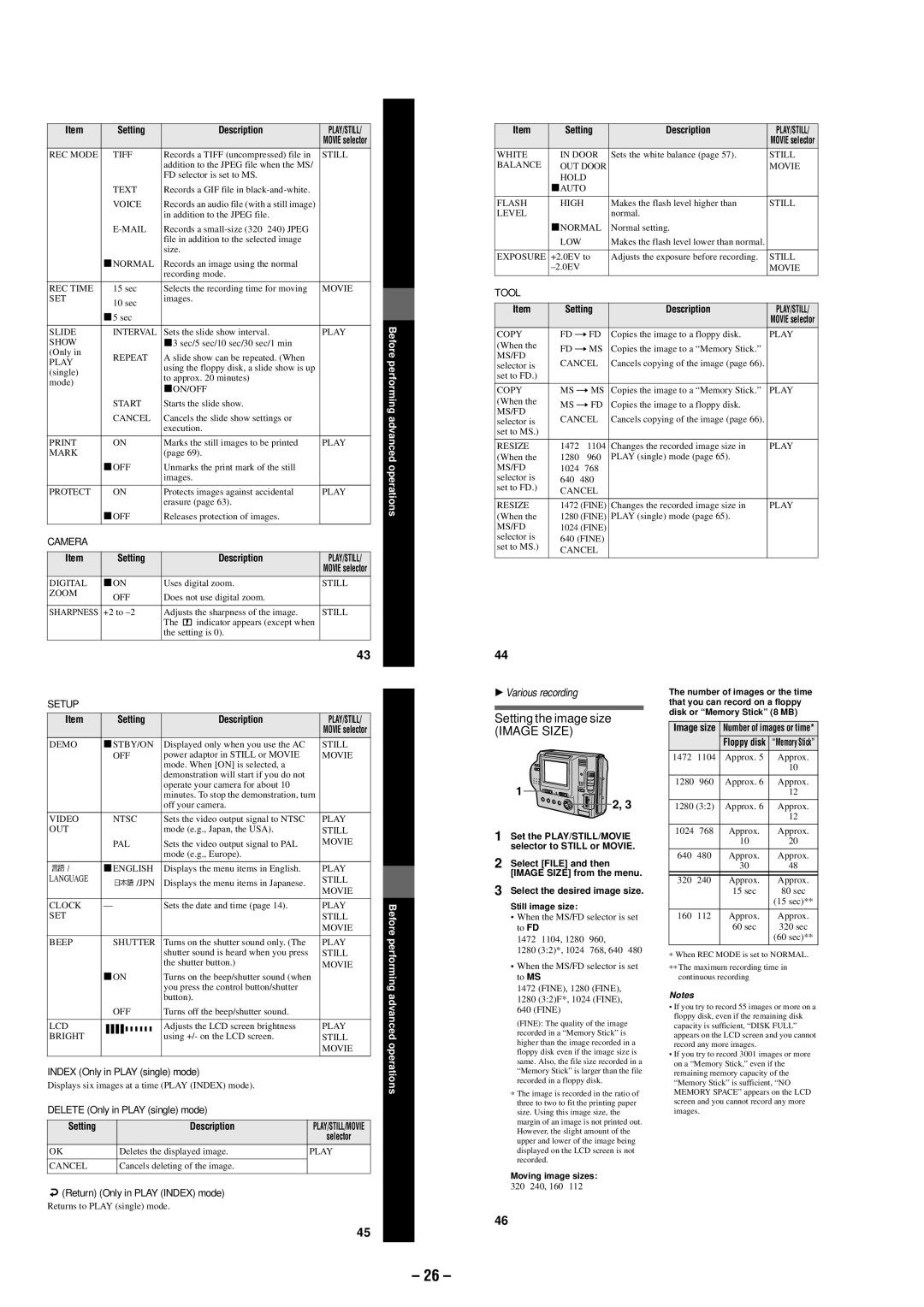 Sony MVC-FD87 Setting the image size, Image Size, Index Only in Play single mode, Delete Only in Play single mode 