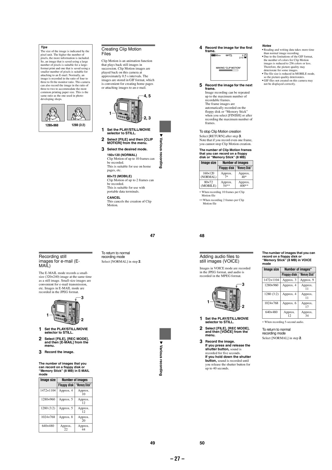 Sony MVC-FD87 service manual Creating Clip Motion Files, Recording still images for e-mail E- Mail, Various recording 