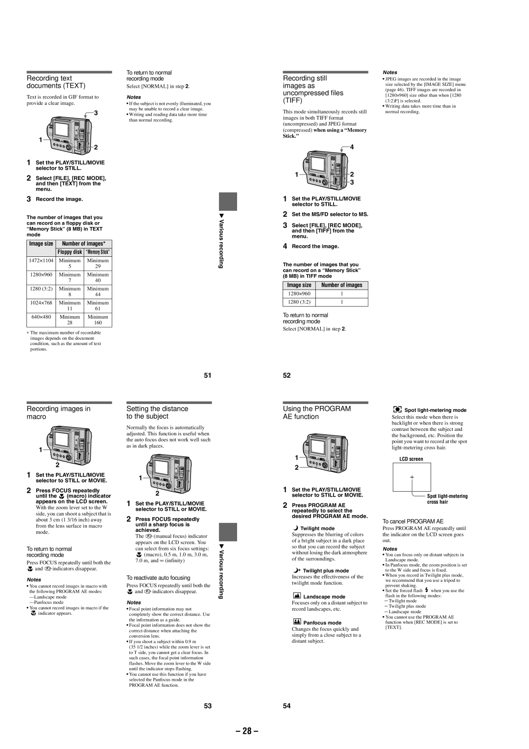 Sony MVC-FD87 Recording text documents Text, Recording still images as uncompressed files Tiff, Recording images in macro 