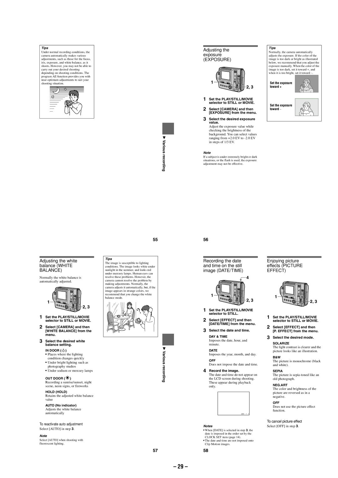 Sony MVC-FD87 service manual Adjusting the exposure Exposure, Adjusting the white balance White Balance 