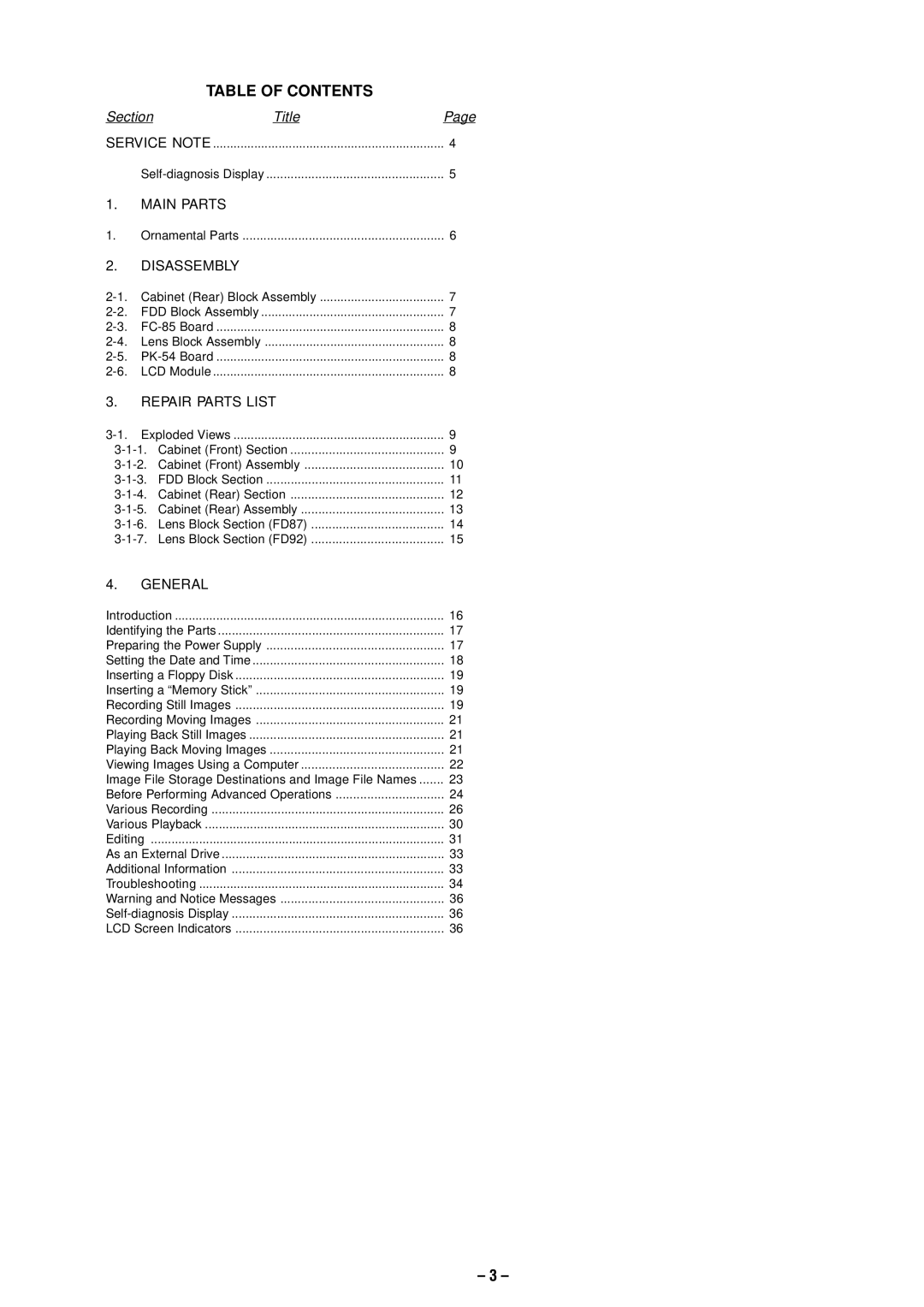 Sony MVC-FD87 service manual Table of Contents 