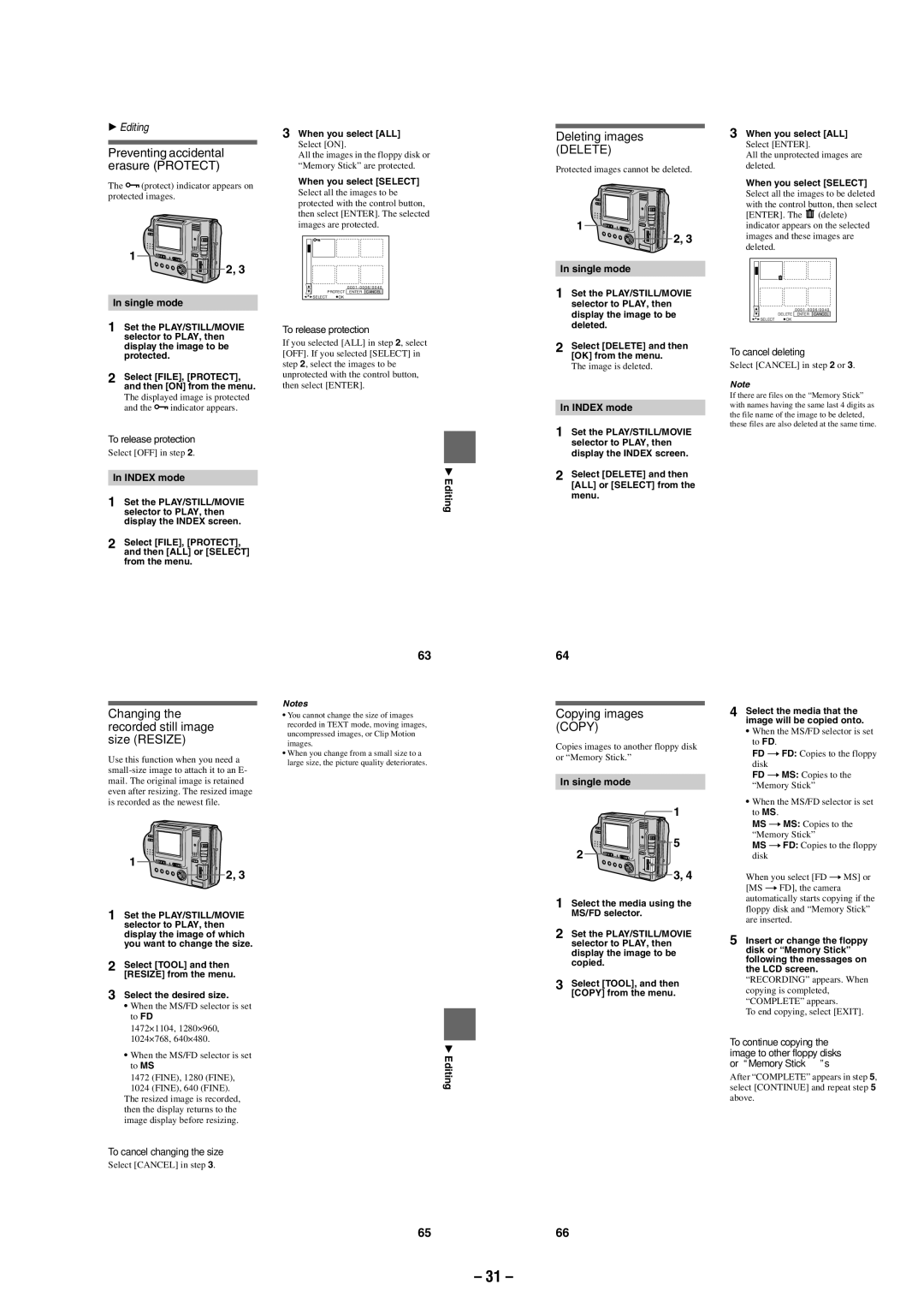 Sony MVC-FD87 service manual Changing the recorded still image size Resize, Deleting images Delete, Copying images Copy 