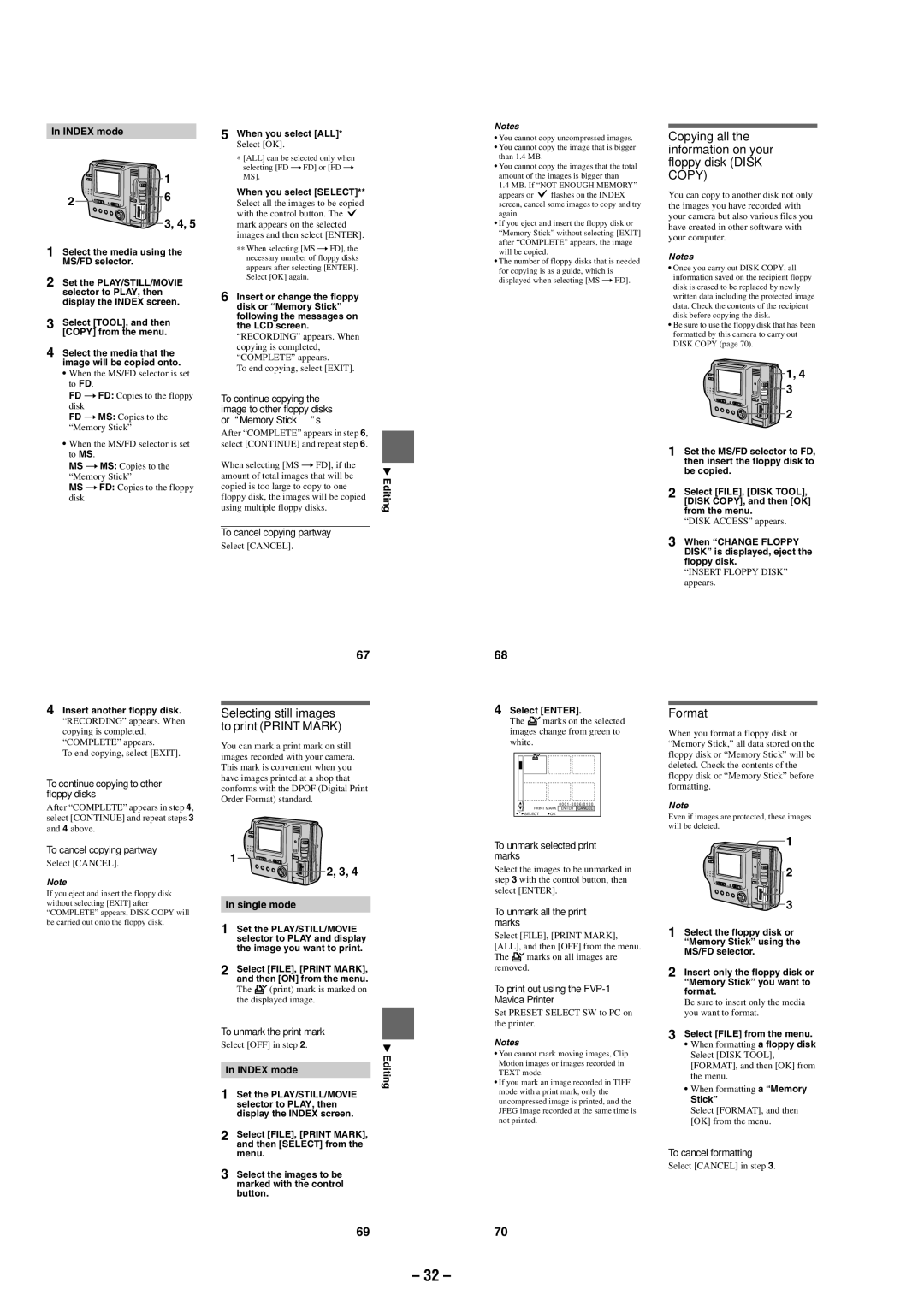 Sony MVC-FD87 Copying all the information on your floppy disk Disk Copy, Selecting still images to print Print Mark 