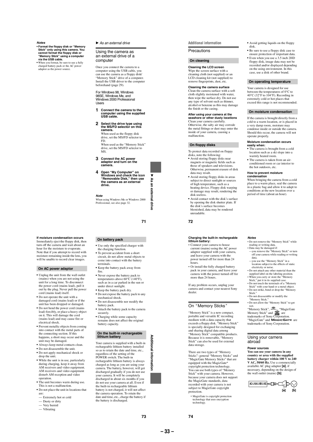 Sony MVC-FD87 service manual Precautions, On Memory Sticks 