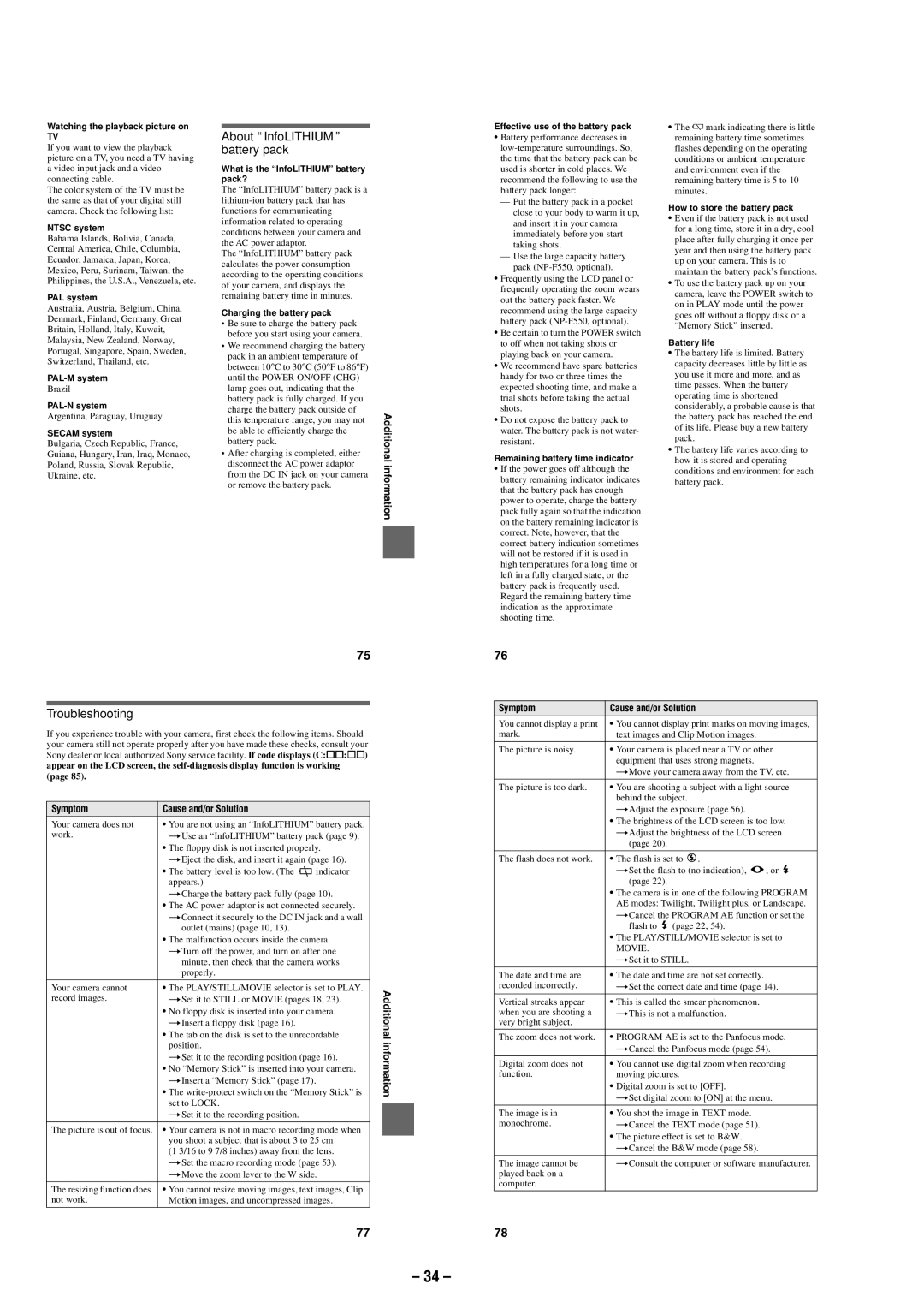 Sony MVC-FD87 service manual About InfoLITHIUM battery pack, Additional information, Symptom Cause and/or Solution 