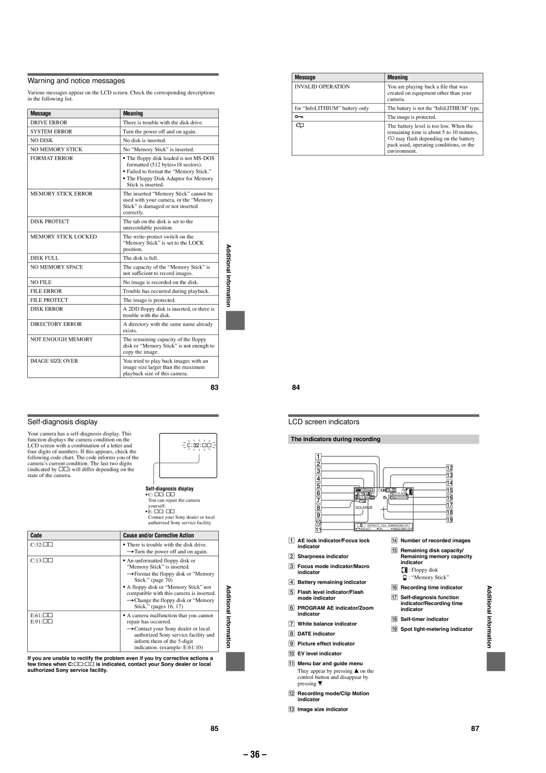 Sony MVC-FD87 service manual Message Meaning, Code, Indicators during recording, Additional information 