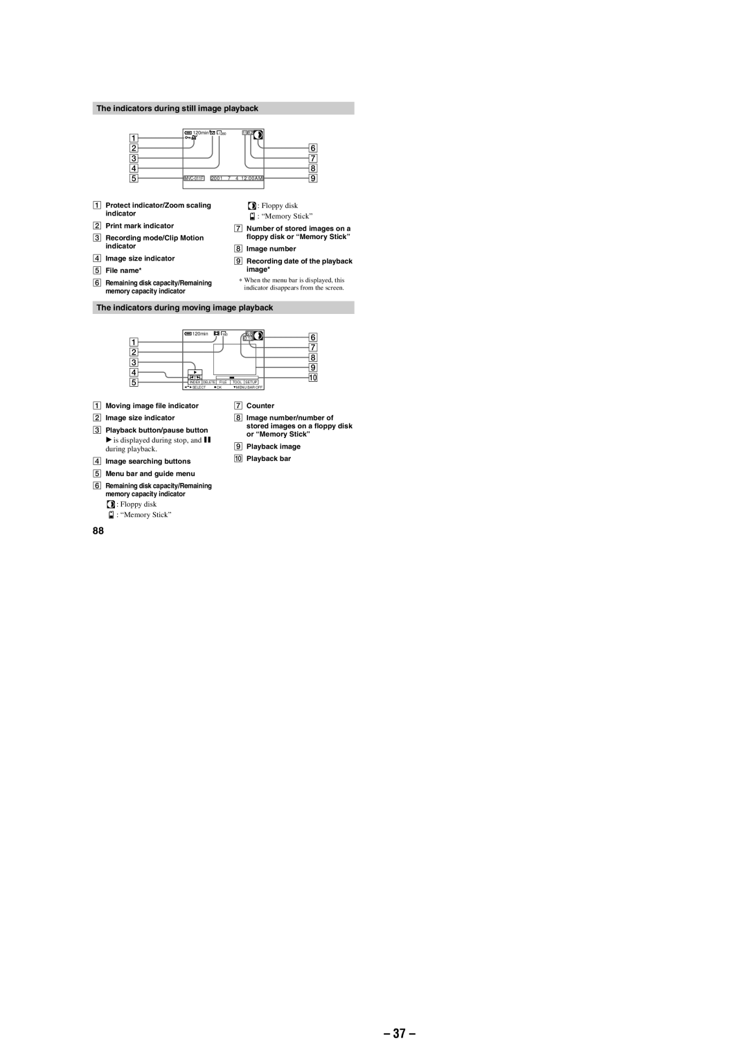 Sony MVC-FD87 service manual Indicators during still image playback, Indicators during moving image playback 