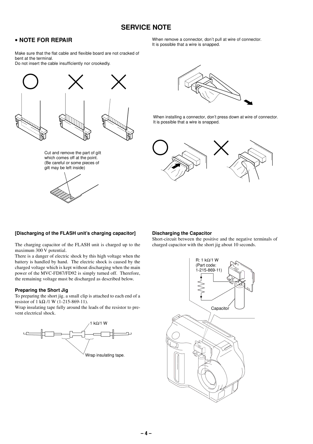 Sony MVC-FD87 service manual KΩ /1 W Wrap insulating tape, KΩ /1 W Part code 215-869-11 Capacitor 