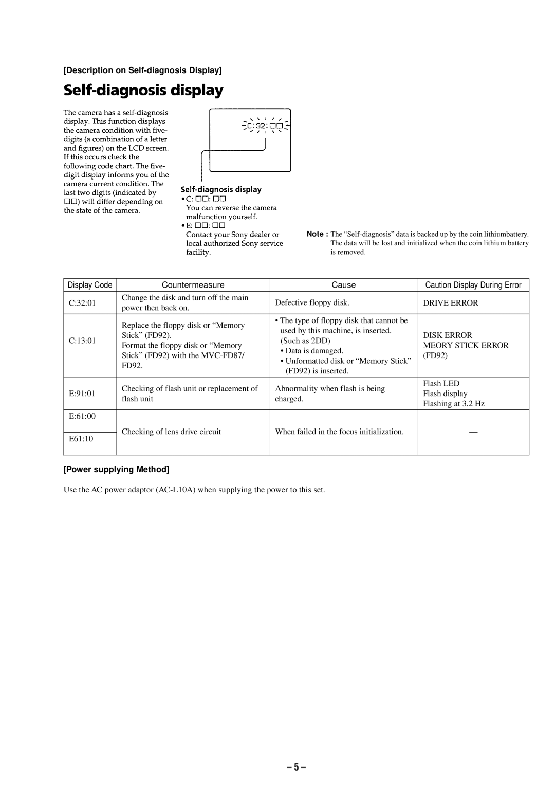 Sony MVC-FD87 service manual Description on Self-diagnosis Display, Display Code 