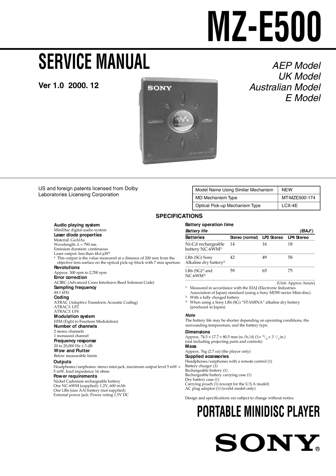 Sony MX-E500 specifications MZ-E500, Specifications 