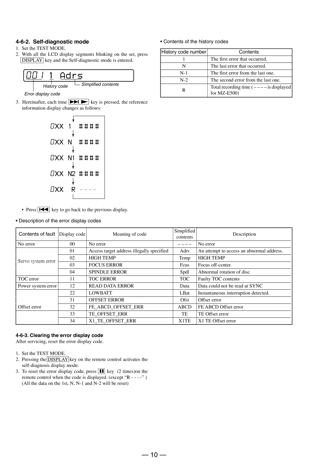 Sony MX-E500 specifications 001 1 Adrs, Clearing the error display code 