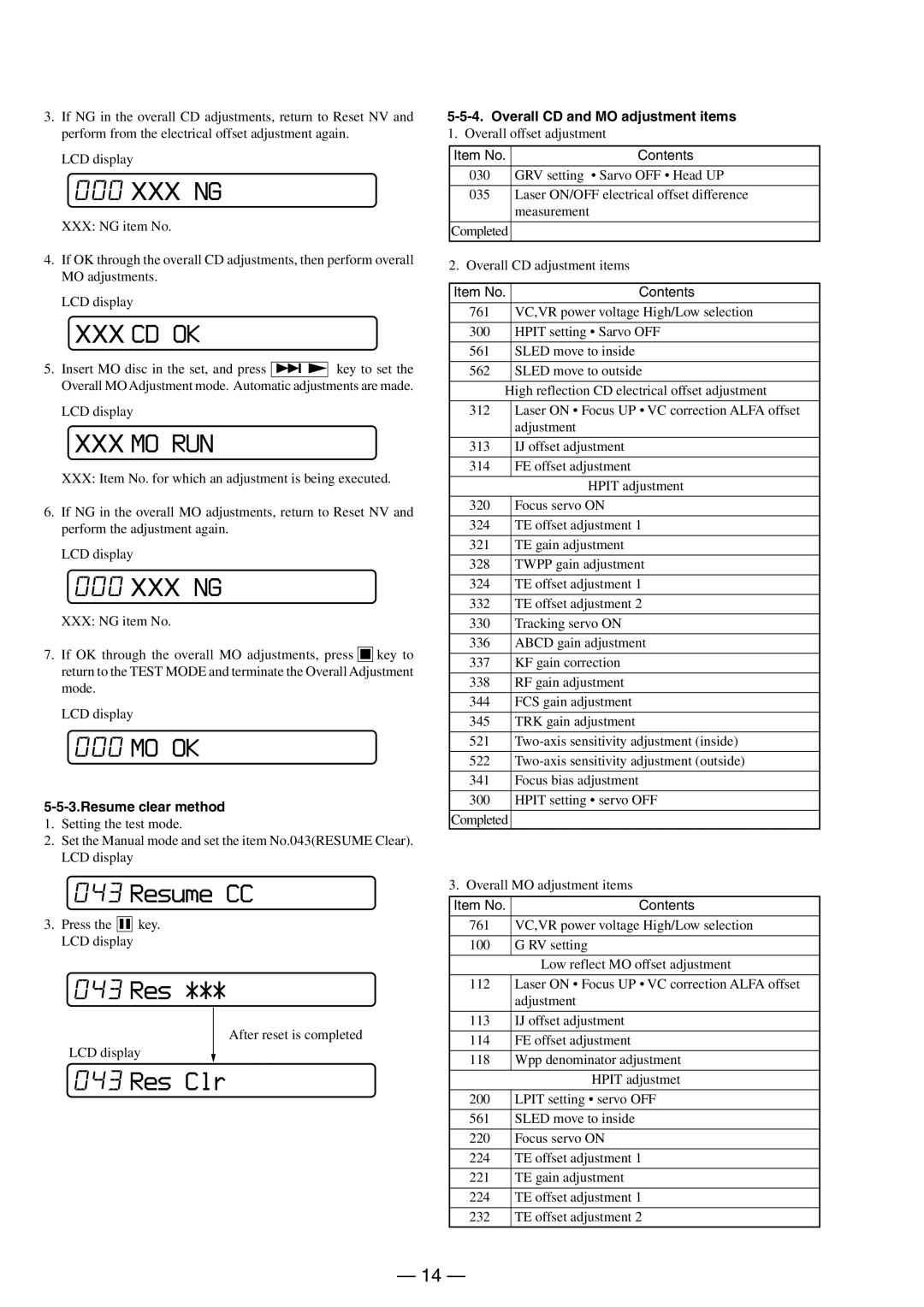 Sony MX-E500 specifications Mo Ok, Resume CC, 043 Res, Res Clr 