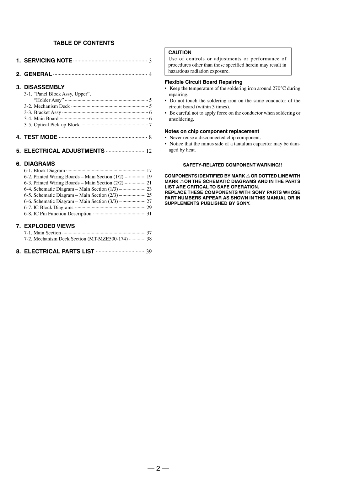 Sony MX-E500 specifications Table of Contents, Disassembly, Diagrams, Exploded Views 