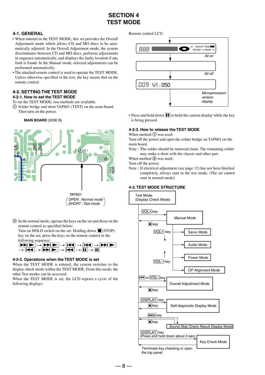 Sony MX-E500 specifications General, Setting the Test Mode 