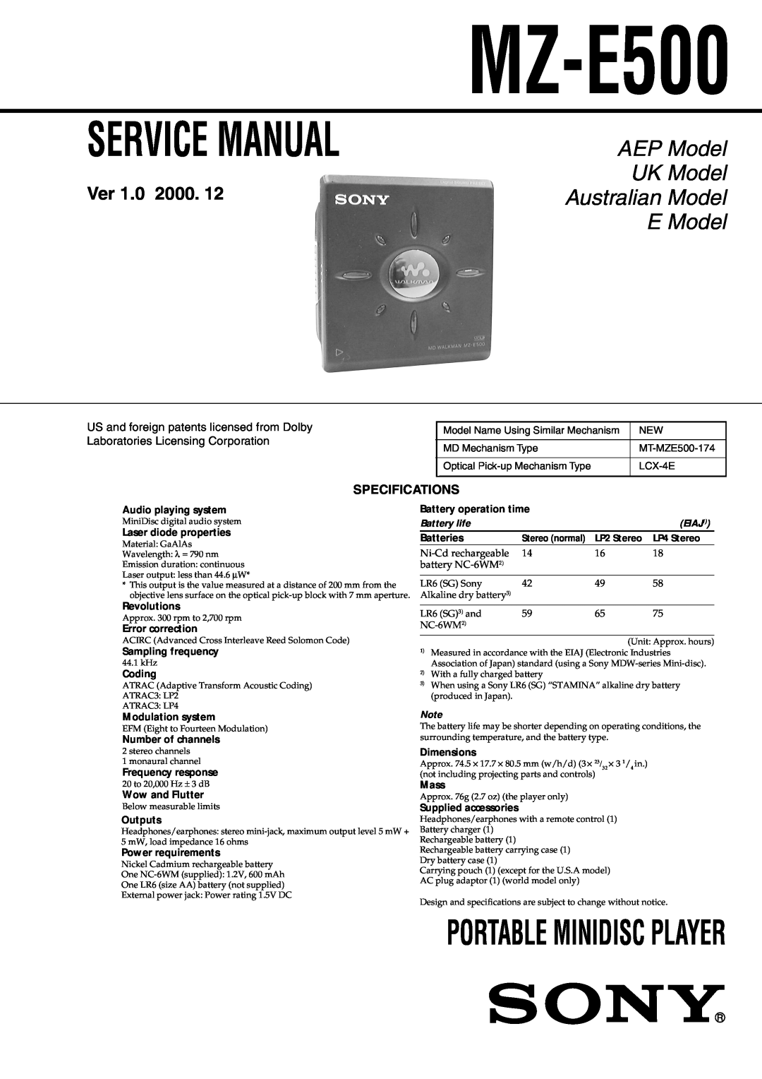 Sony MX-E500 specifications Specifications, MZ-E500, AEP Model, UK Model, Australian Model, E Model, Ver 