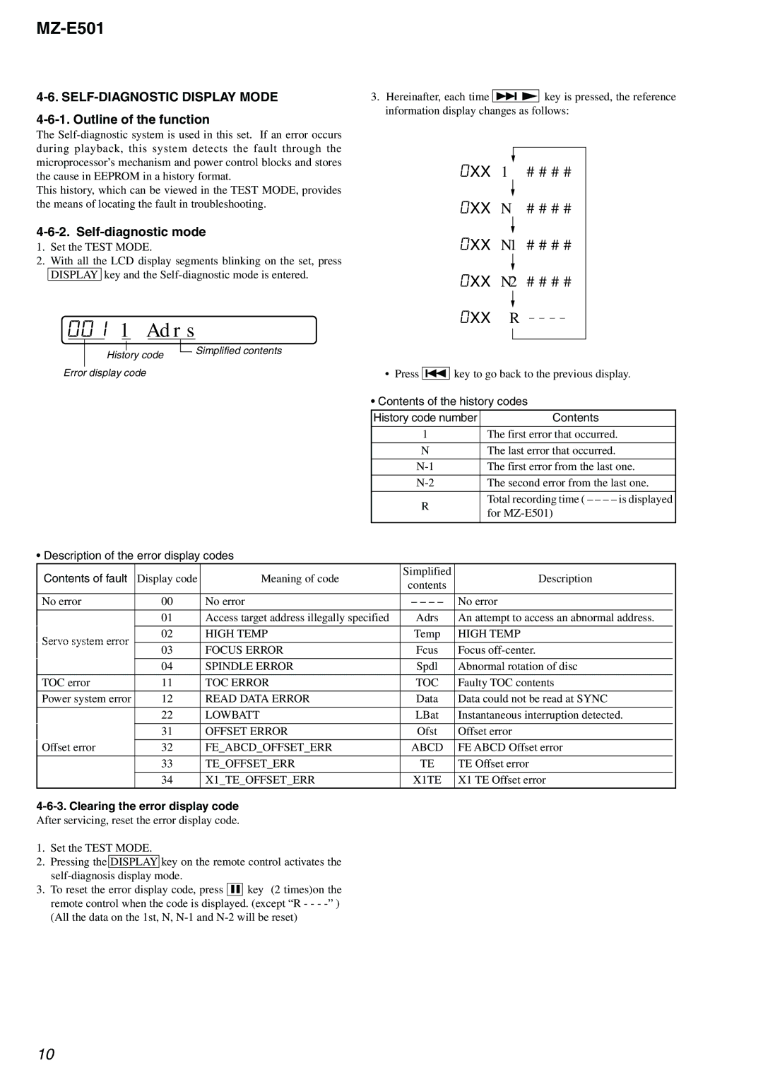 Sony MX-E501 service manual SELF-DIAGNOSTIC Display Mode, Self-diagnostic mode 