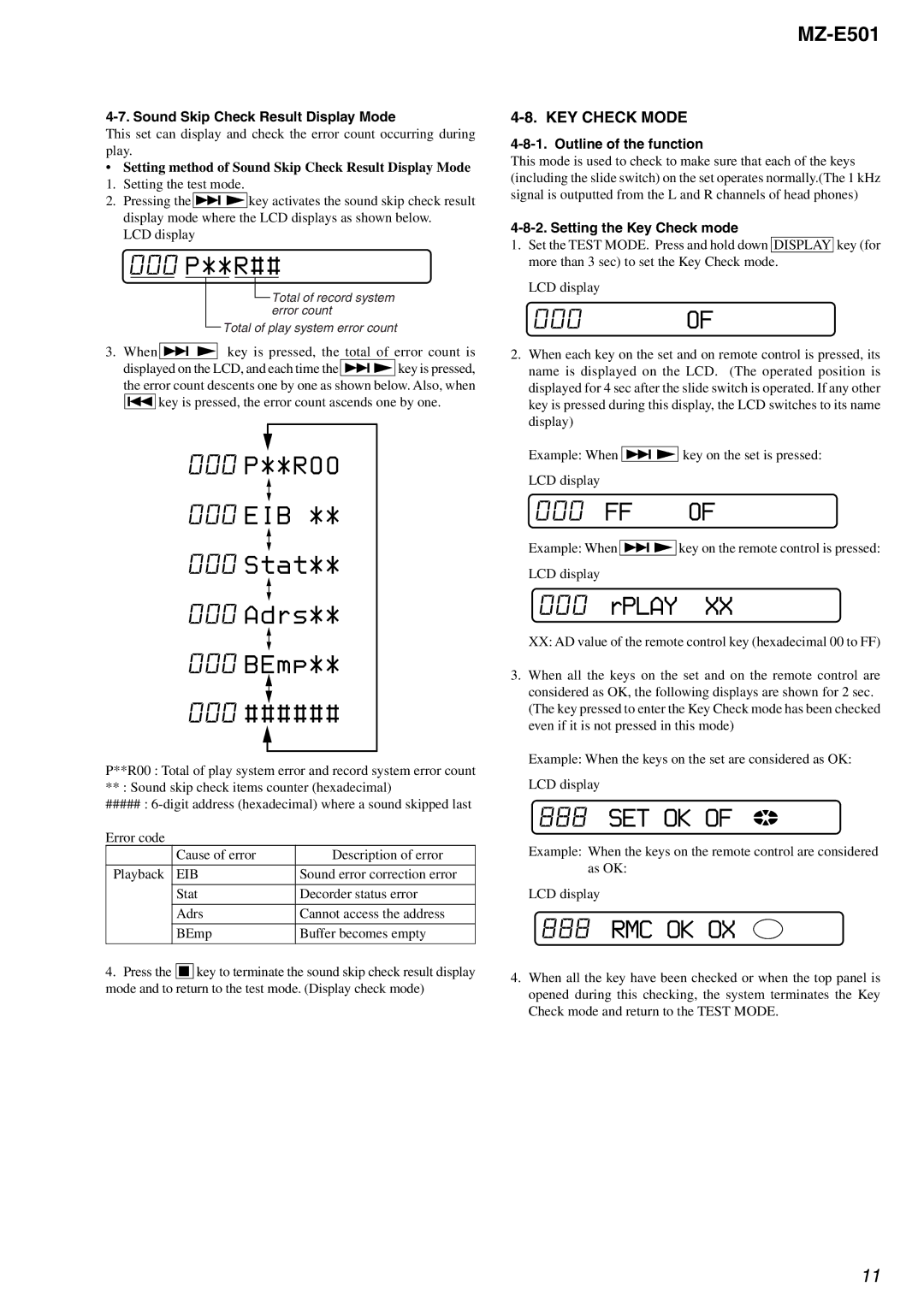 Sony MX-E501 service manual KEY Check Mode, Sound Skip Check Result Display Mode, Eib, Outline of the function 