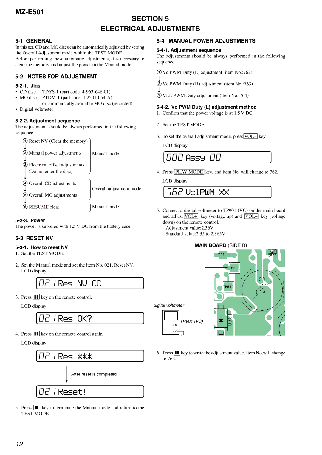 Sony MX-E501 service manual Section Electrical Adjustments, Manual Power Adjustments, Reset NV 