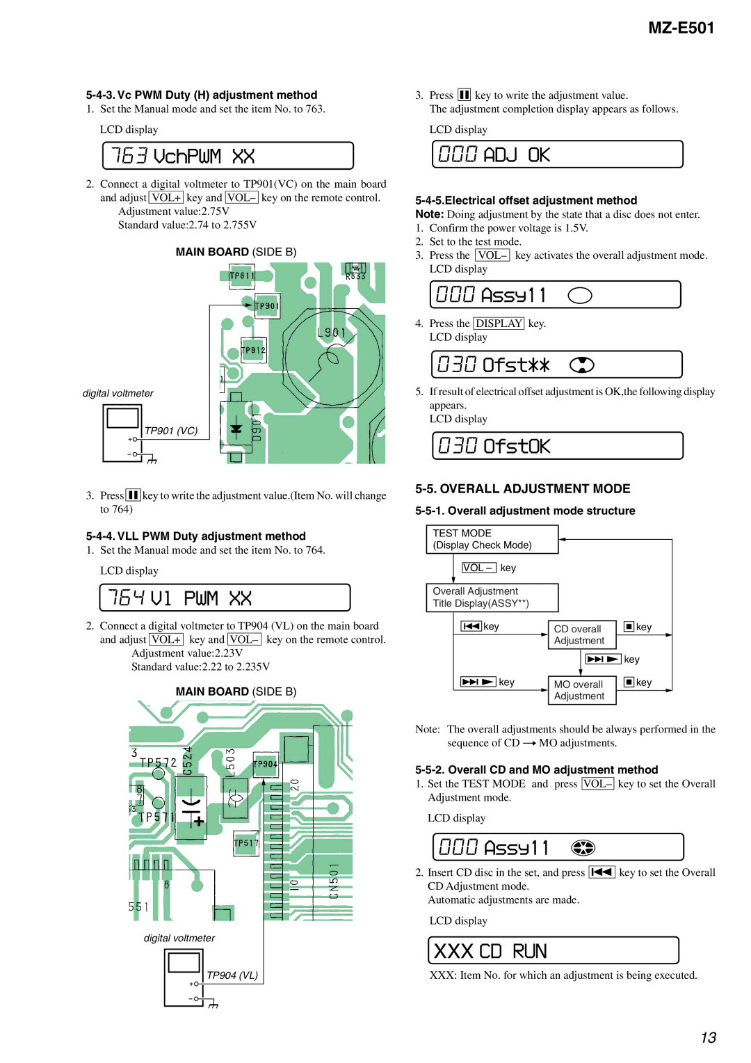 Sony MX-E501 Vc PWM Duty H adjustment method, Electrical offset adjustment method, Overall CD and MO adjustment method 