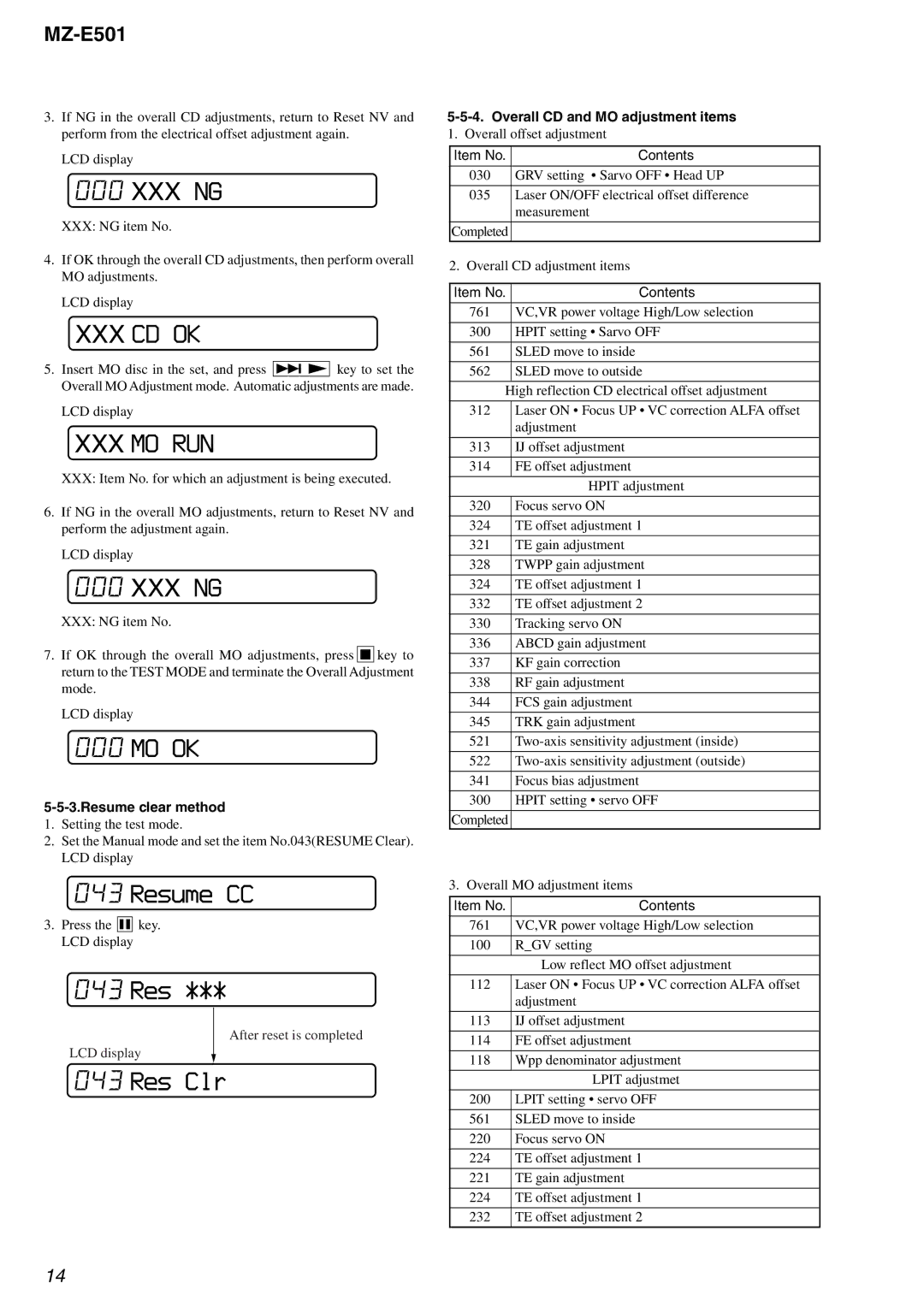 Sony MX-E501 service manual Resume clear method, Overall CD and MO adjustment items 