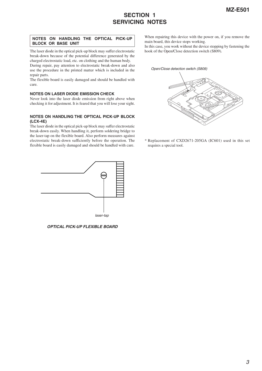 Sony MX-E501 service manual Section Servicing Notes 