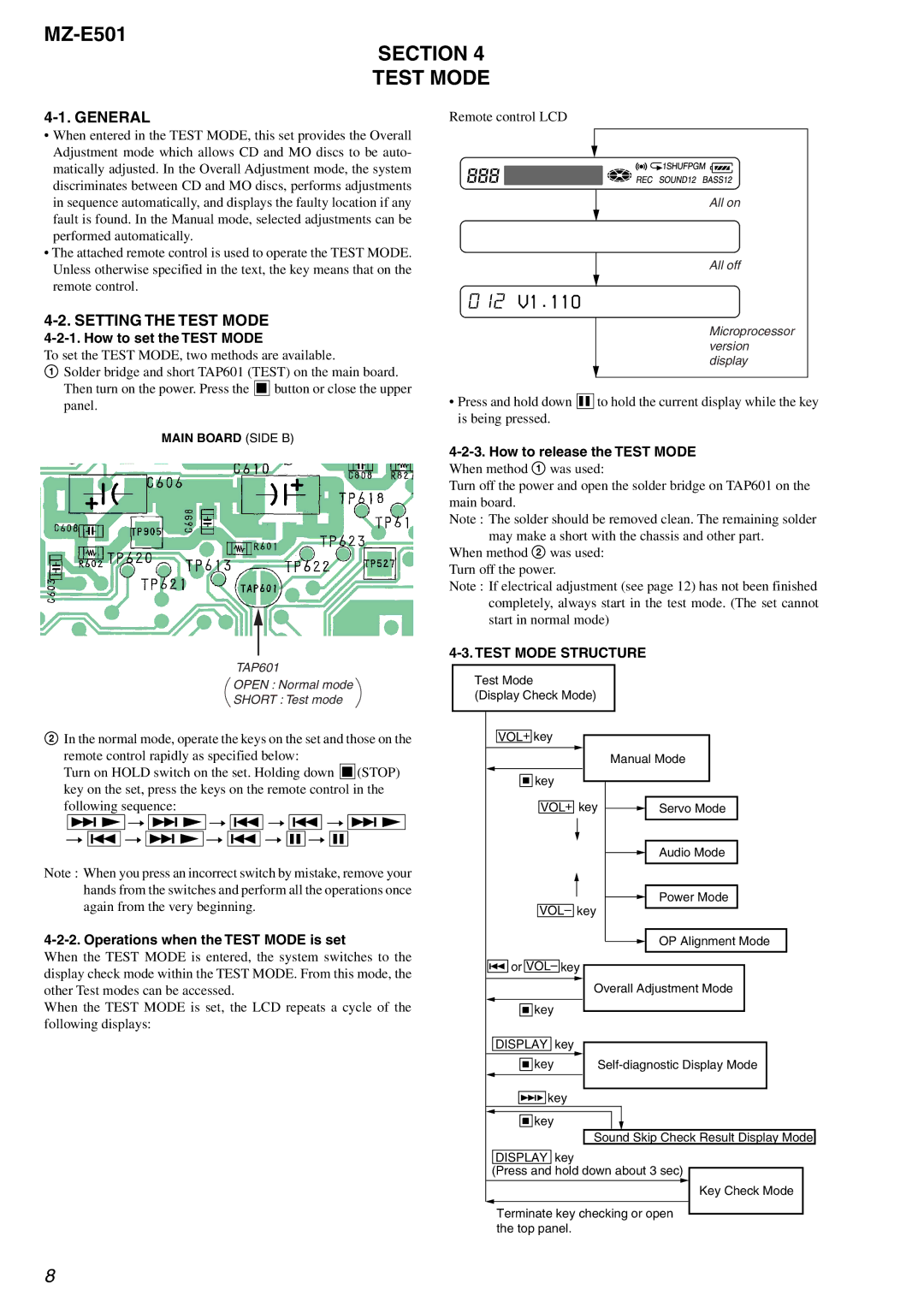 Sony MX-E501 service manual Section Test Mode, General, Setting the Test Mode 