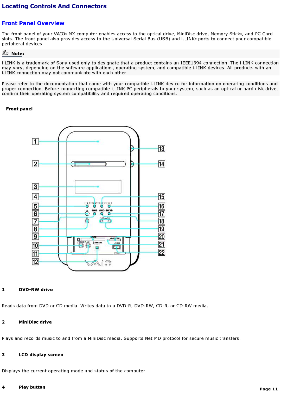 Sony MX manual Locating Controls And Connectors, Front Panel Overview 