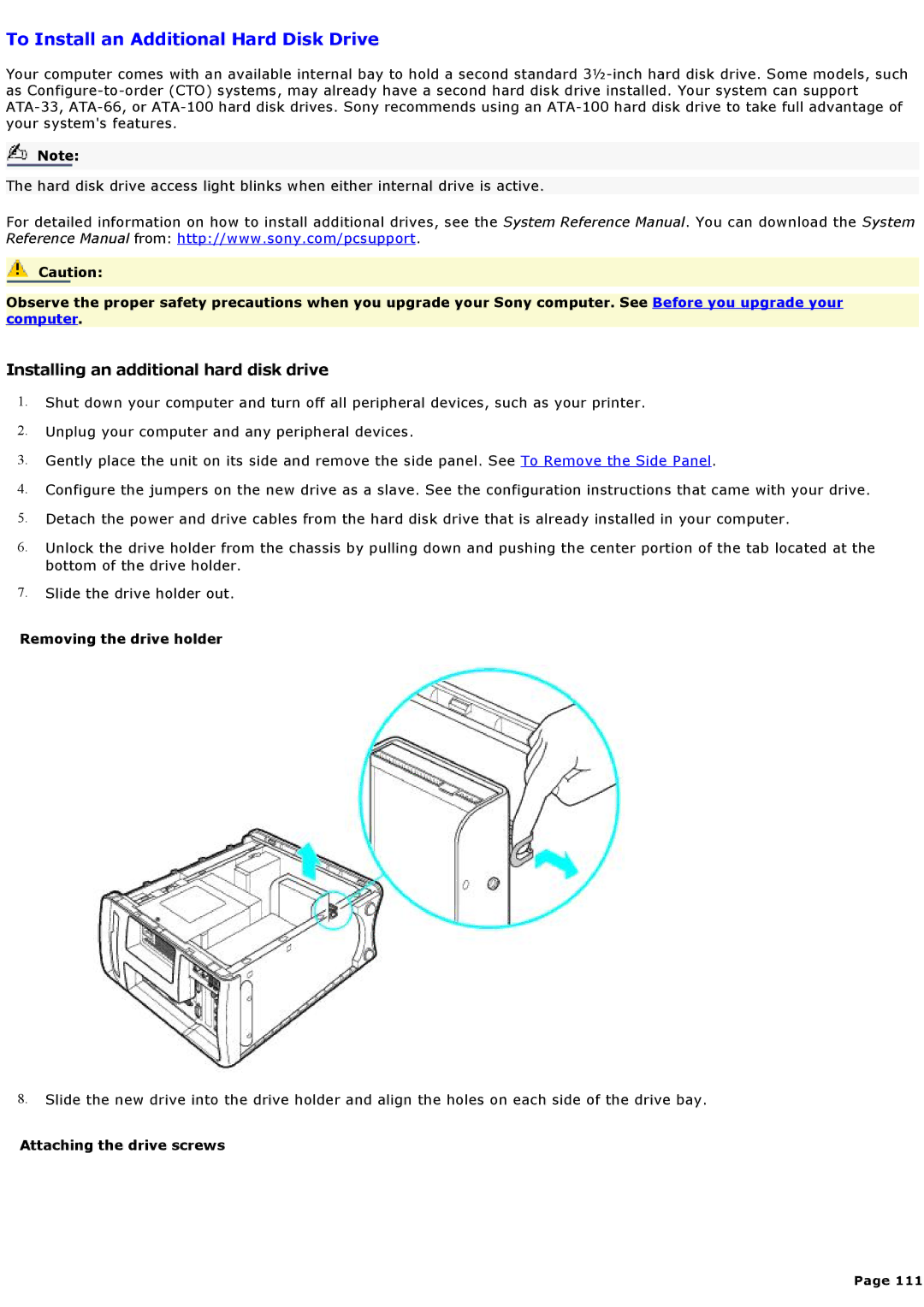 Sony MX To Install an Additional Hard Disk Drive, Installing an additional hard disk drive, Removing the drive holder 