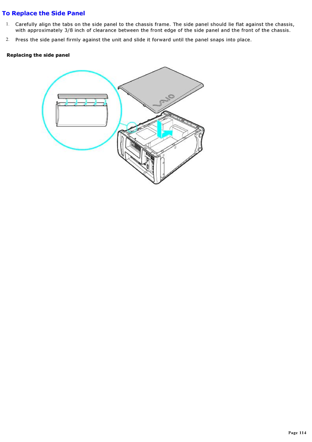 Sony MX manual To Replace the Side Panel, Replacing the side panel 