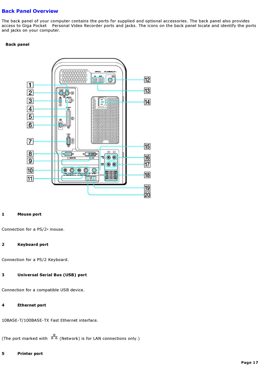 Sony MX manual Back Panel Overview, Back panel Mouse port, Keyboard port, Ethernet port, Printer port 