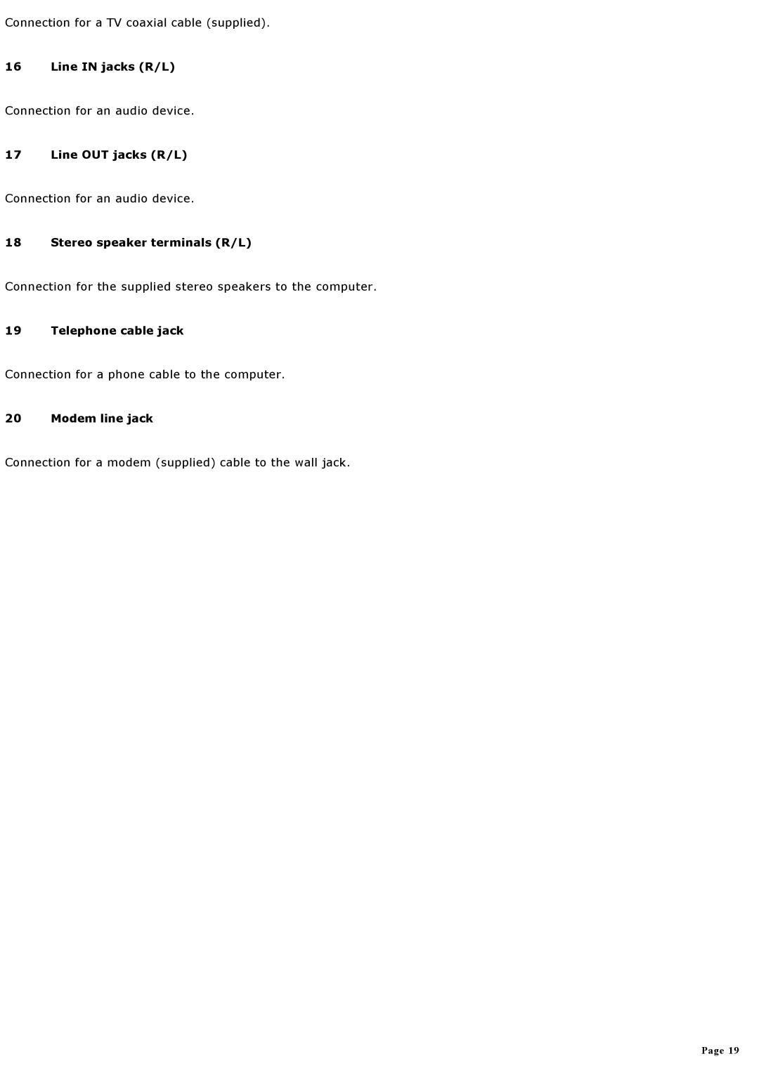 Sony MX manual Line in jacks R/L, Line OUT jacks R/L, Stereo speaker terminals R/L, Telephone cable jack, Modem line jack 