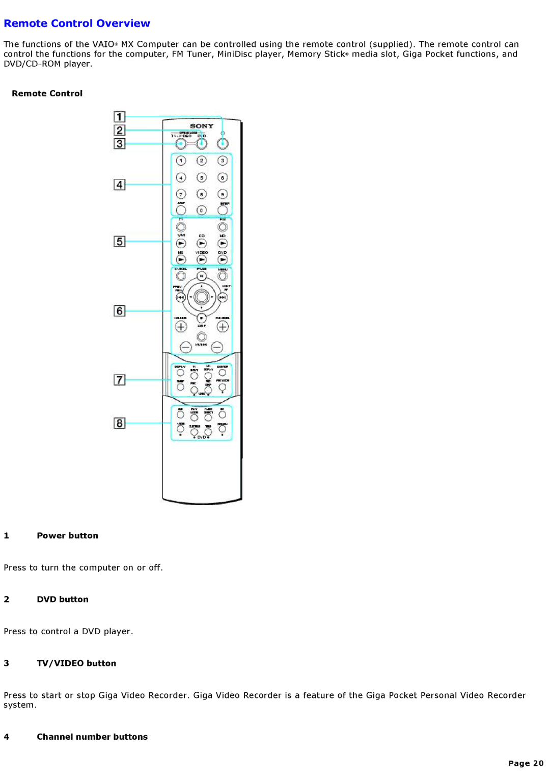 Sony MX manual Remote Control Overview, Remote Control Power button, DVD button, TV/VIDEO button, Channel number buttons 