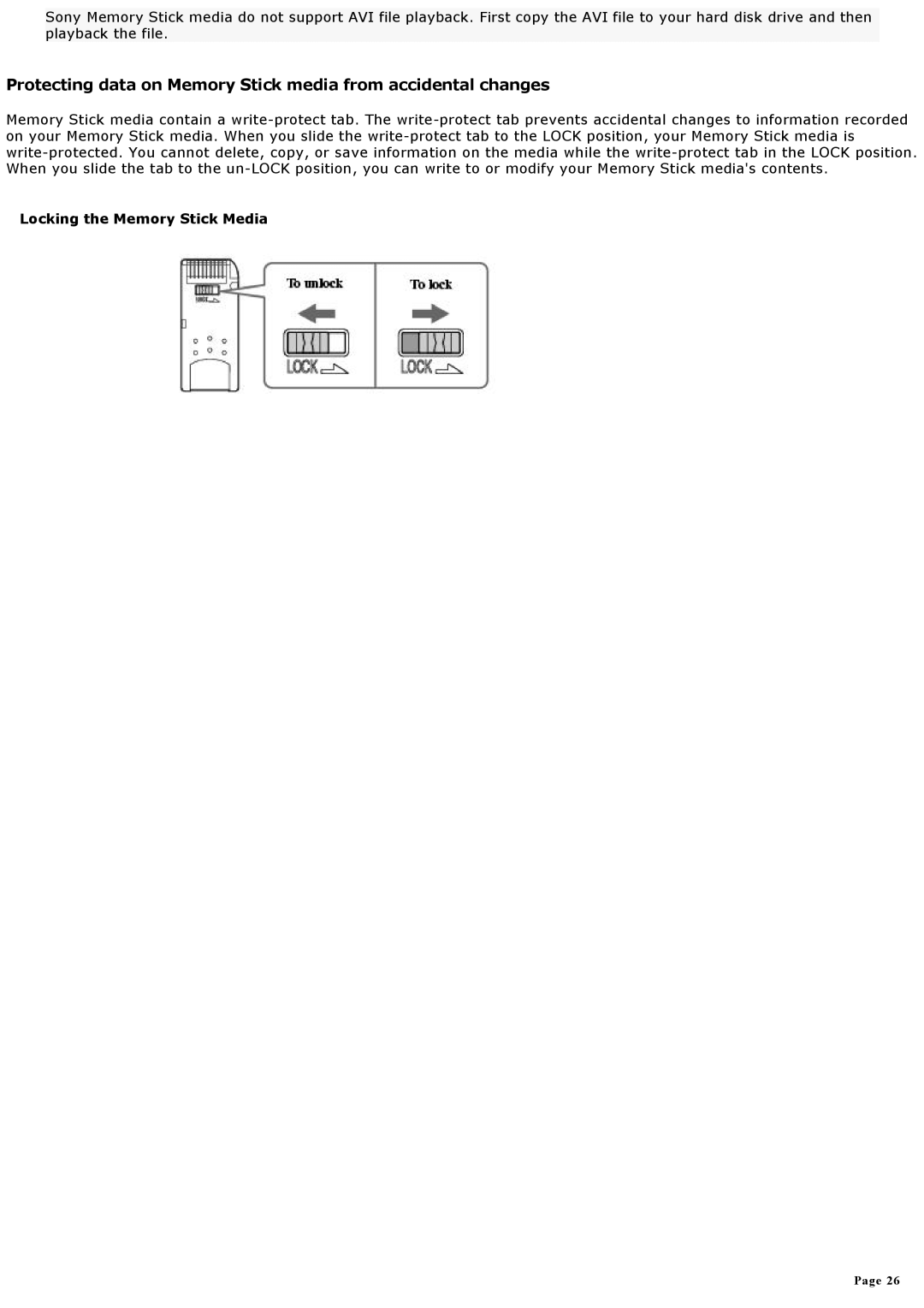 Sony MX manual Locking the Memory Stick Media 