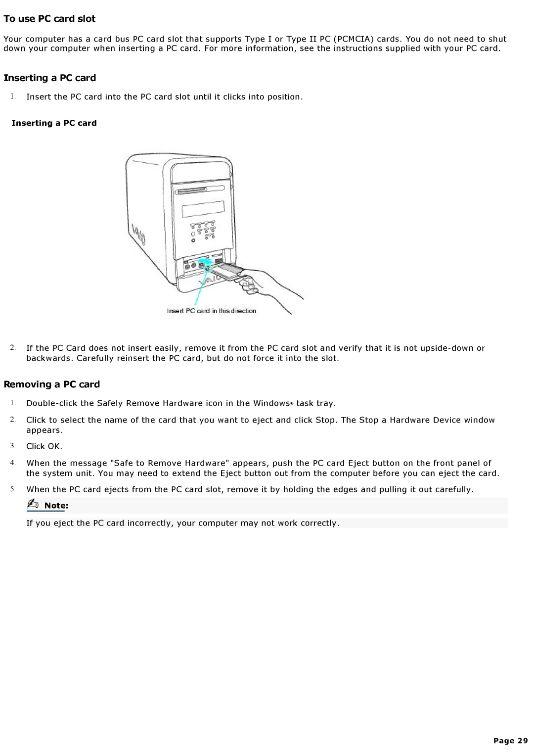 Sony MX manual To use PC card slot, Inserting a PC card, Removing a PC card 