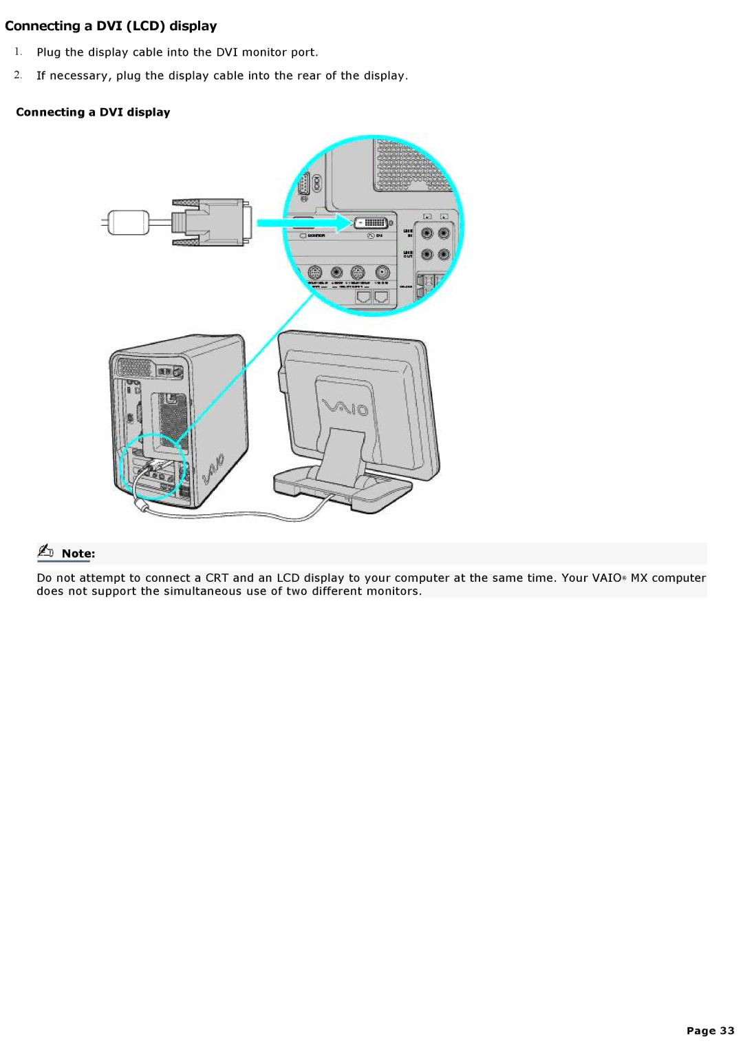 Sony MX manual Connecting a DVI LCD display, Connecting a DVI display 