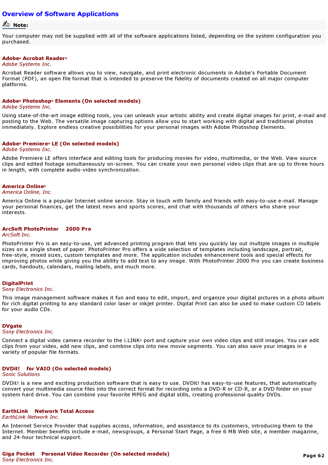 Sony MX manual Overview of Software Applications, Adobe Photoshop Elements On selected models 