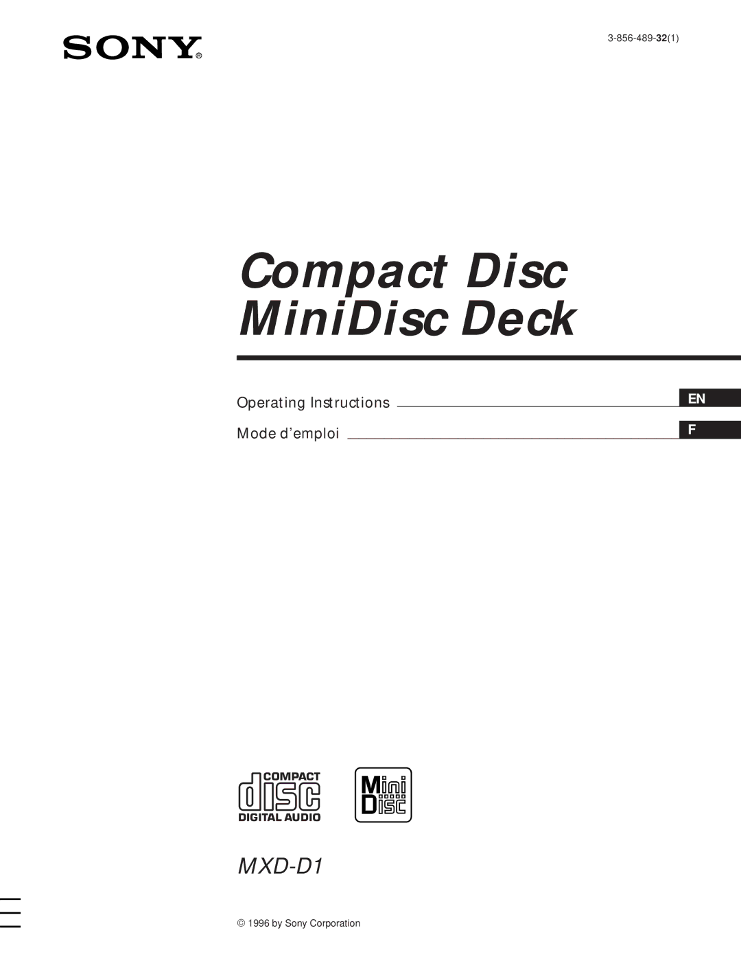 Sony MXD-D1 manual Compact Disc MiniDisc Deck 