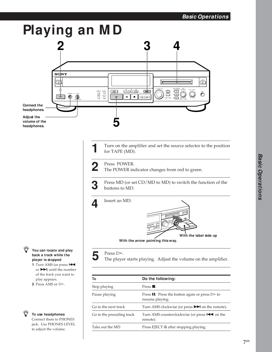 Sony MXD-D1 manual Playing an MD 