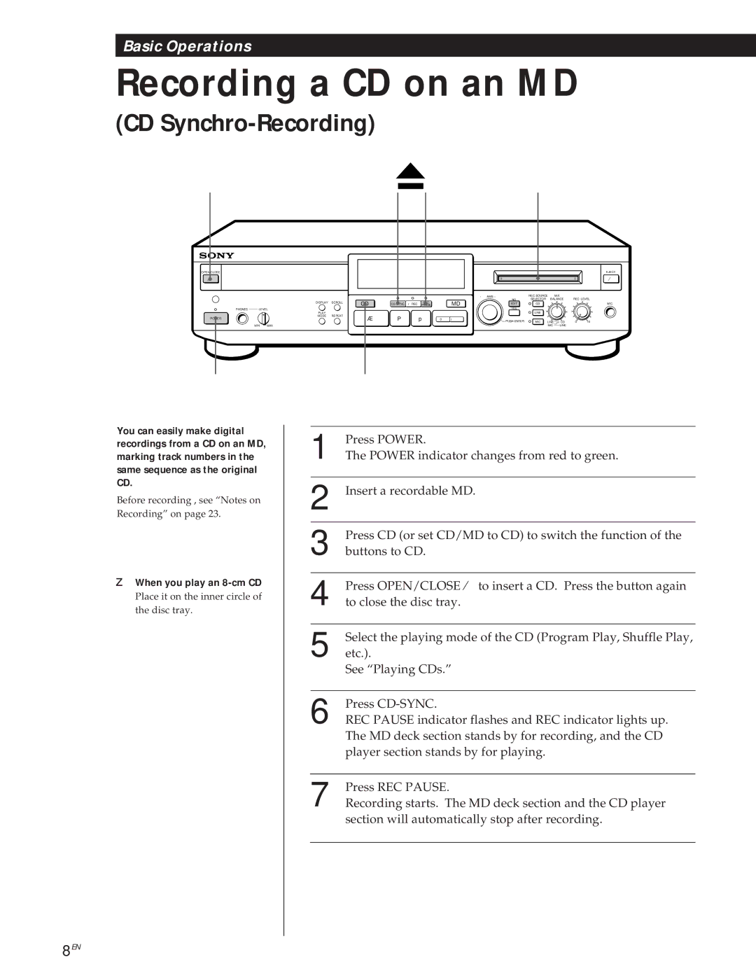 Sony MXD-D1 manual Recording a CD on an MD 