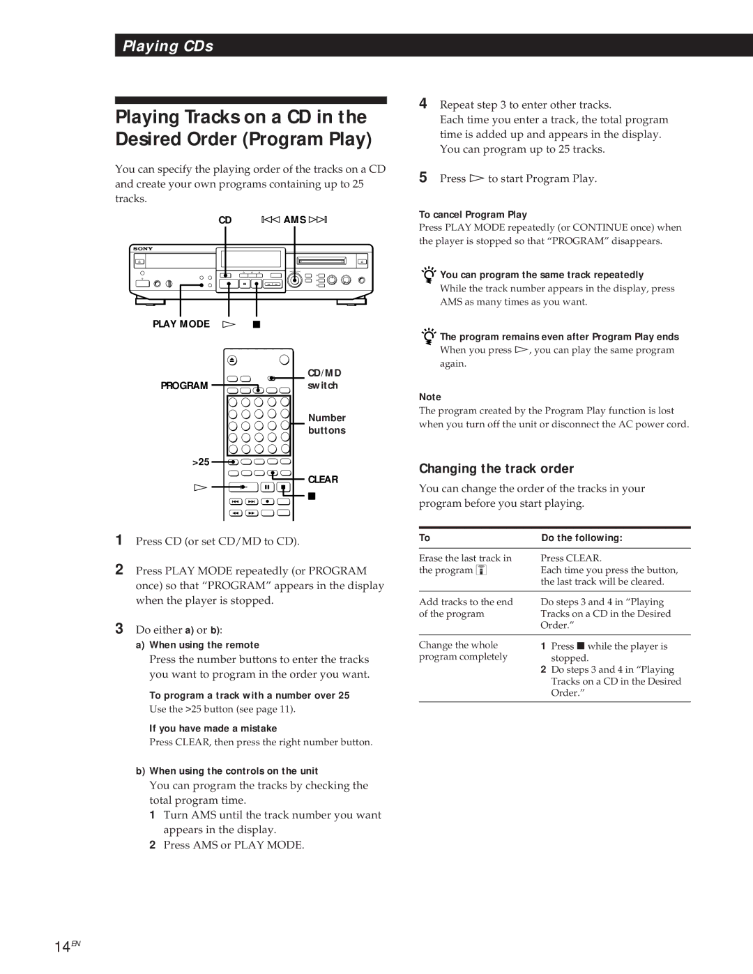 Sony MXD-D1 manual Playing Tracks on a CD in the Desired Order Program Play, Changing the track order 