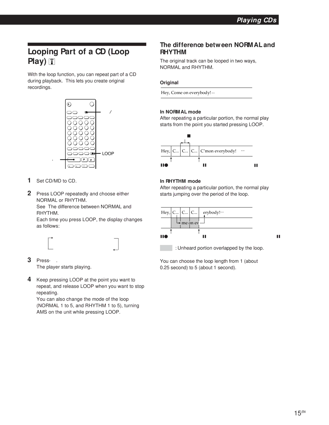 Sony MXD-D1 manual Looping Part of a CD Loop Play, Difference between Normal, Original, Normal mode, Rhythm mode 