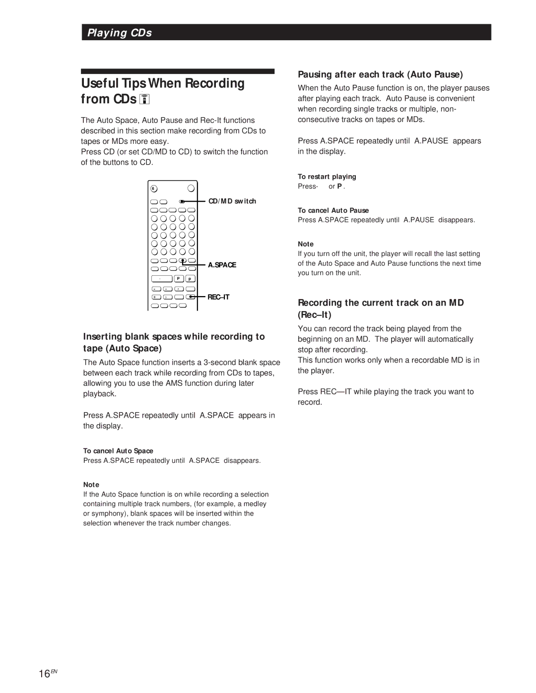 Sony MXD-D1 manual Useful Tips When Recording from CDs, Inserting blank spaces while recording to tape Auto Space 